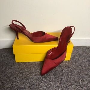 Vintage red leather and satin kittens heels